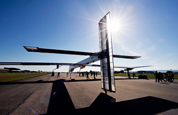 Solar Impulse 2 on a runway rear view
