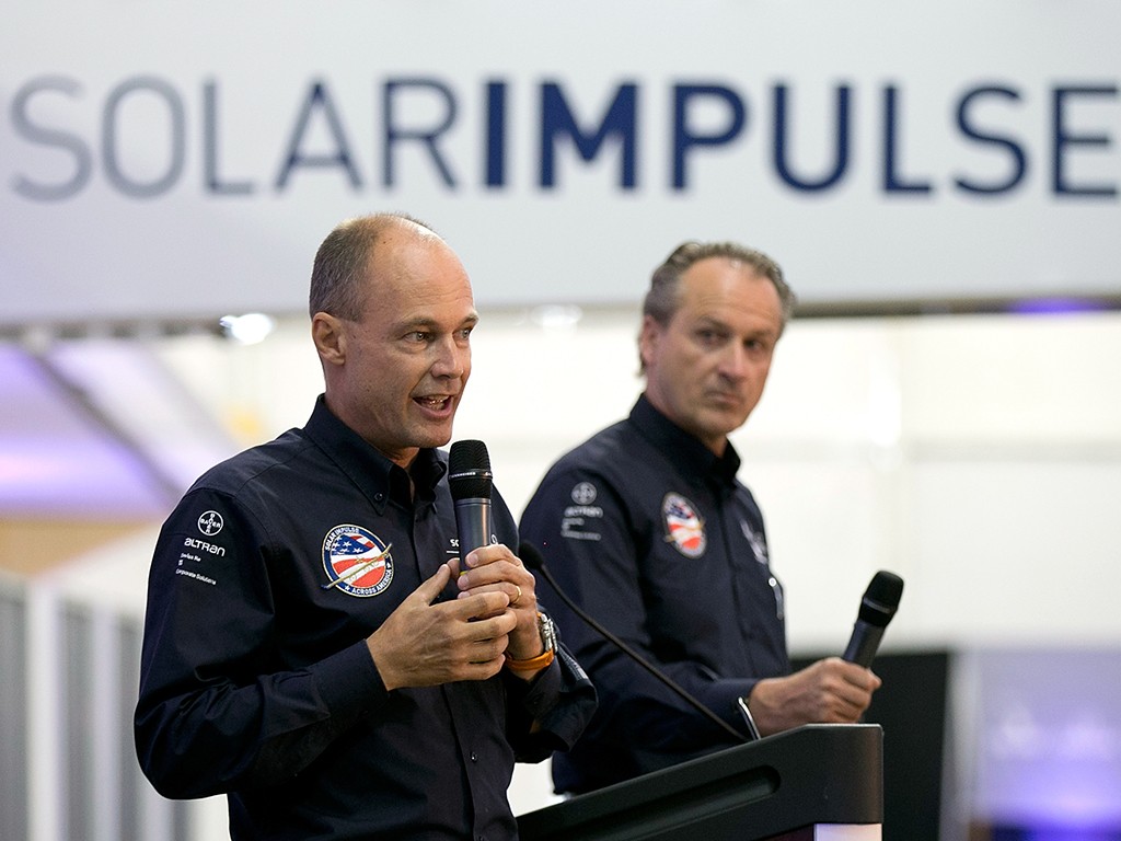 Solar Impulse Chairman, Bertrand Piccard, and CEO Andre Borschberg. The company plans to make travel more environmentally friendly through its solar-powered aircrafts